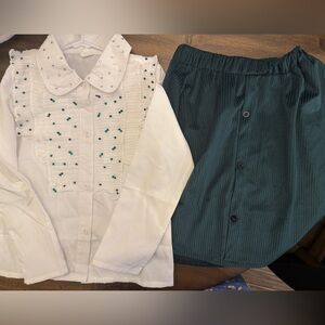 White and Green Embellished Blouse and Skirt Costume